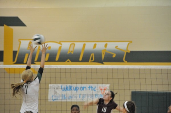 Senior Amber Ramsey puts a block on the Lions