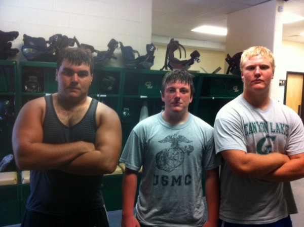 Offensive Lineman Trey Saenz, Corey Rustin, and Austin Kahil