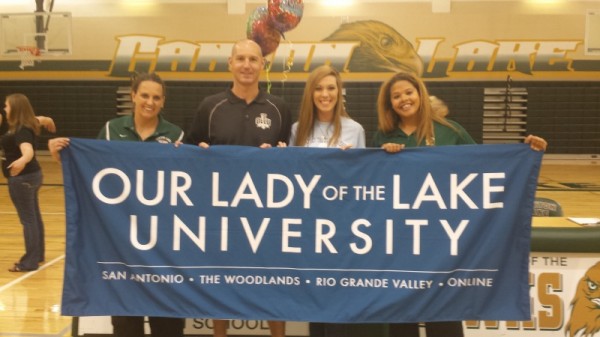 From Left to Right, Head Basketball Coach MaryBeth Gallagher, Head Volleyball Coach Mark Lee (OLLU), Amber Ramsey, and Head Volleyball Coach Kim Paisley