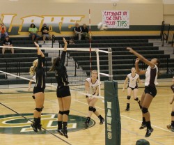 Bailey Drum and Lillie Sander putting up a line of defense in Sinton Win