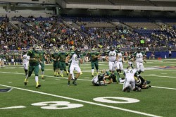 Senior Safety Matt Adams finishing off another tackle in game with Rockport-Fulton