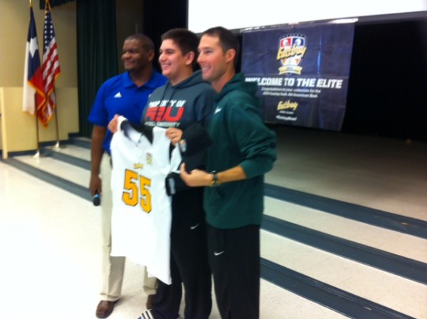 Austin Rodruguez being presented his Jersey for All-Star Game with EastBay Scout  Anthony Williams and MV Coach Brandon Pawelek in attendance. 