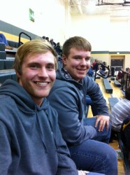 Freshman Will Joyner and Jacob Foster relaxing at a Hawk Basketball game 