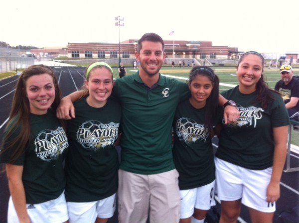 Coach Ryan Tierney with (from left to right), Iola Favell, Christy Fowler, Mia Hernandez, and Cassandra Gomez