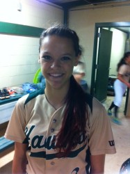 Kacir is all smiles after her winning hit driving in a run in extra innings over the Texans, 6-5