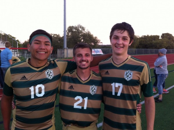 Richard Rosas pictured with Matthew Adams, and Mike Thorpe after win over Texans in Volleyball