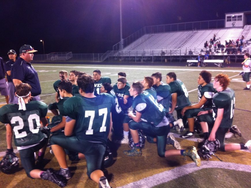 Mountain Valley Hawks 8th A Team listen to Coaches after loss to Mustangs