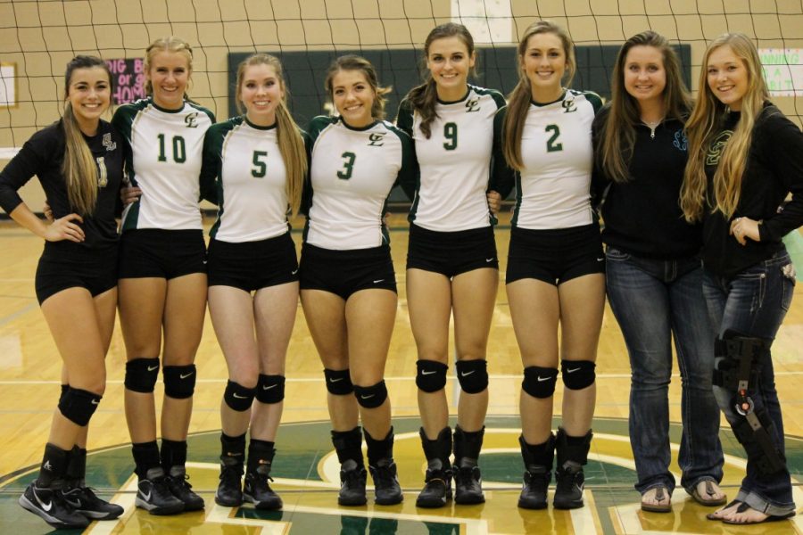 CL Hawk Seniors after last home game win against Bandera. (from left to right) Sam York, Landry Hollums, Zoe Edwards, Daniella Bustamante, Regan Mickey, Felicity Neistemski, Sierra Ramsey, and Kaylie Duke